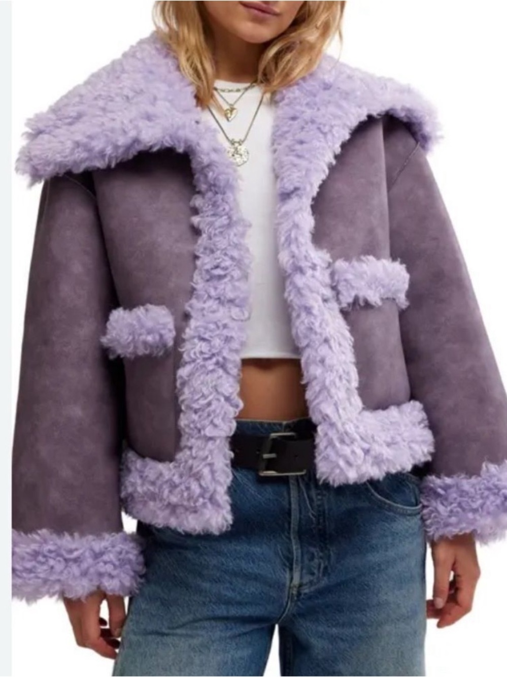 NWT! Free People Kiki lilac purple vegan leather faux fur Sherpa oversized coat